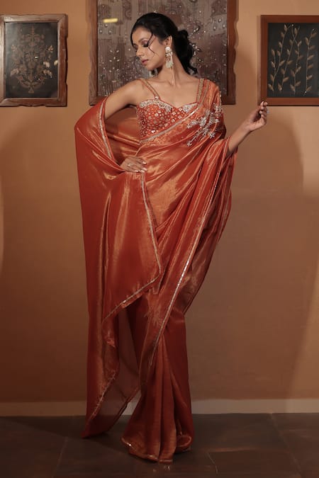 Buy_Vana Ethnics_Orange Tissue Embroidery, Zari, Sequins, The Ambar Sandhya Saree With Blouse _Online_at_Aza_Fashions