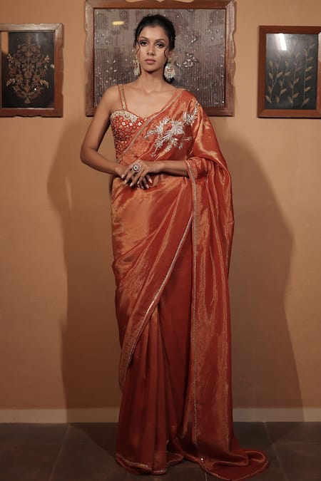 Vana Ethnics Orange Tissue Embroidery, Zari, Sequins, The Ambar Sandhya Saree With Blouse 