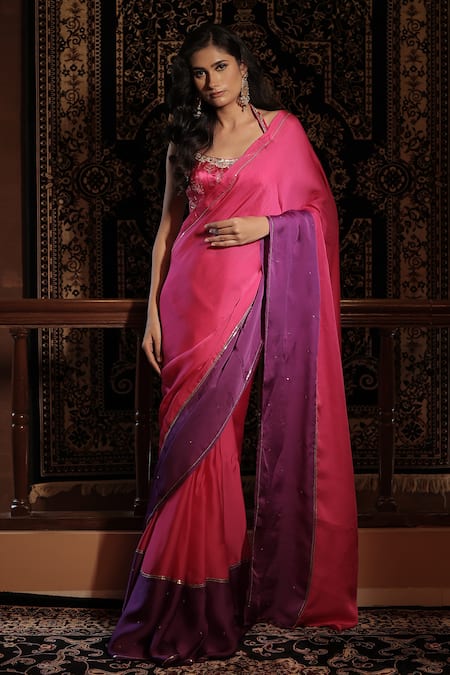 Vana Ethnics_Pink Satin, Organza Sequins, Embroidery, Stones, The Gulabo Saree With Blouse _Online_at_Aza_Fashions