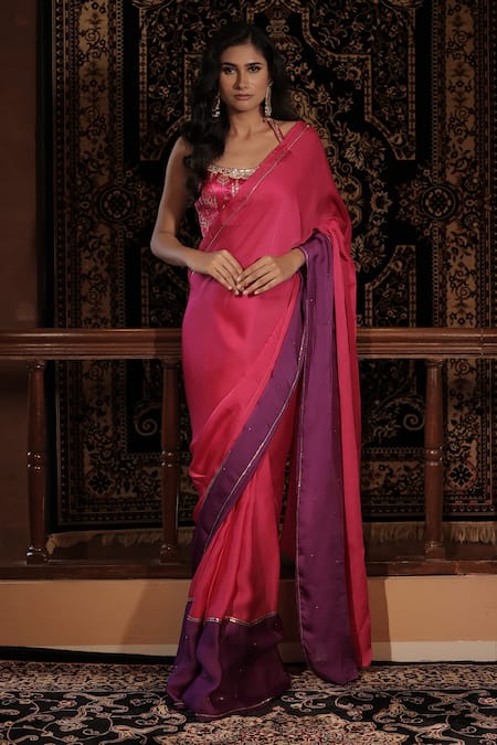 Shop_Vana Ethnics_Pink Satin, Organza Sequins, Embroidery, Stones, The Gulabo Saree With Blouse _Online_at_Aza_Fashions