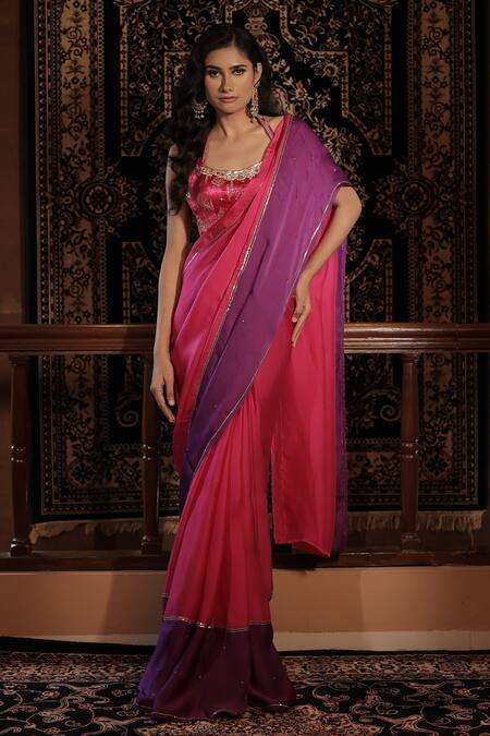 Vana Ethnics_Pink Satin, Organza Sequins, Embroidery, Stones, The Gulabo Saree With Blouse _at_Aza_Fashions
