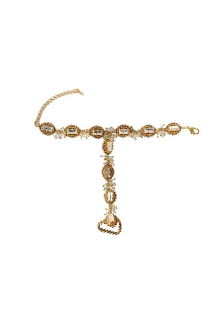 Shop Vaidaan Gold Plated Stones, Beads Aadrika Embellished Haathphool at Aza Fashions Shop_Vaidaan_Gold Plated Stones, Beads Aadrika Embellished Haathphool _at_Aza_Fashions
