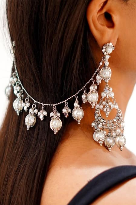 Vaidaan Silver Plated Pearls, Stones Rivaayat Embellished Earrings  