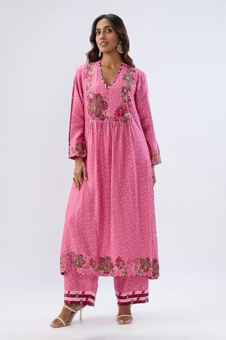Label Niti Bothra Pink Silk, Tencel Beads, Sequins, Embroidery Blossom Gathered Yoke Kurta Set Online at Aza Fashions Label Niti Bothra_Pink Silk, Tencel Beads, Sequins, Embroidery Blossom Gathered Yoke Kurta Set _Online_at_Aza_Fashions