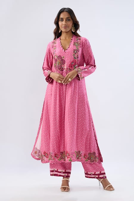 Label Niti Bothra Pink Silk, Tencel Beads, Sequins, Embroidery Blossom Gathered Yoke Kurta Set 