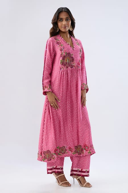 Shop Label Niti Bothra Pink Silk, Tencel Beads, Sequins, Embroidery Blossom Gathered Yoke Kurta Set Online at Aza Fashions Shop_Label Niti Bothra_Pink Silk, Tencel Beads, Sequins, Embroidery Blossom Gathered Yoke Kurta Set _Online_at_Aza_Fashions