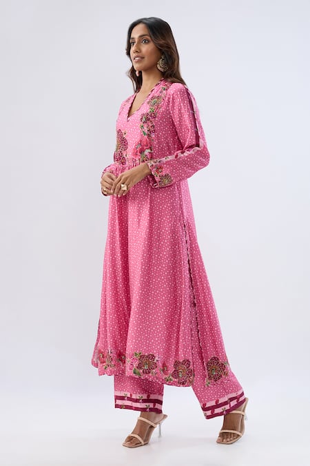 Label Niti Bothra Pink Silk, Tencel Beads, Sequins, Embroidery Blossom Gathered Yoke Kurta Set at Aza Fashions Label Niti Bothra_Pink Silk, Tencel Beads, Sequins, Embroidery Blossom Gathered Yoke Kurta Set _at_Aza_Fashions
