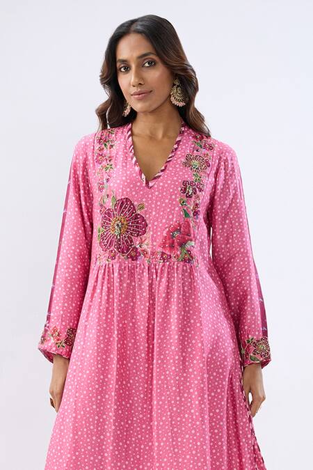 Shop Label Niti Bothra Pink Silk, Tencel Beads, Sequins, Embroidery Blossom Gathered Yoke Kurta Set Shop_Label Niti Bothra_Pink Silk, Tencel Beads, Sequins, Embroidery Blossom Gathered Yoke Kurta Set