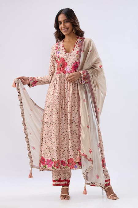Label Niti Bothra Pink , Tencel, Organza Beads, Blossom Ivory Gathered Yoke Kurta Set 