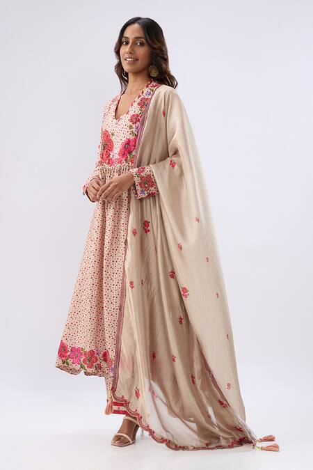 Label Niti Bothra_Pink Silk, Tencel Beads, Sequins, Blossom Gathered Yoke Kurta And Pant Set _Online_at_Aza_Fashions