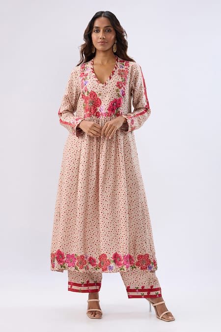 Buy_Label Niti Bothra_Pink Silk, Tencel Beads, Sequins, Blossom Gathered Yoke Kurta And Pant Set _Online_at_Aza_Fashions
