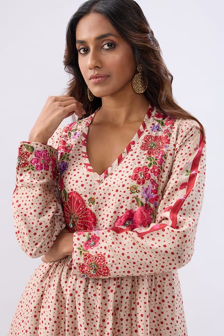 Label Niti Bothra_Pink Silk, Tencel Beads, Sequins, Blossom Gathered Yoke Kurta And Pant Set _at_Aza_Fashions