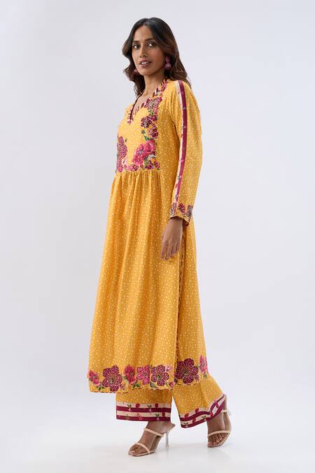 Label Niti Bothra_Yellow Tencel, Silk Beads, Sequins, Embroidery Floral Pattern Kurta And Pant Set _Online_at_Aza_Fashions