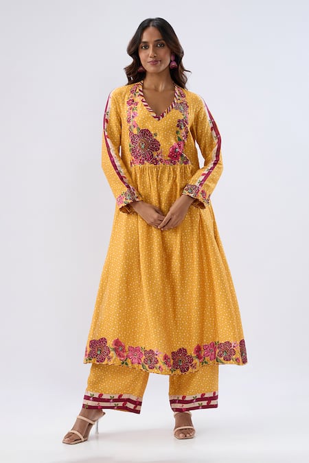 Buy_Label Niti Bothra_Yellow Tencel, Silk Beads, Sequins, Embroidery Floral Pattern Kurta And Pant Set _Online_at_Aza_Fashions