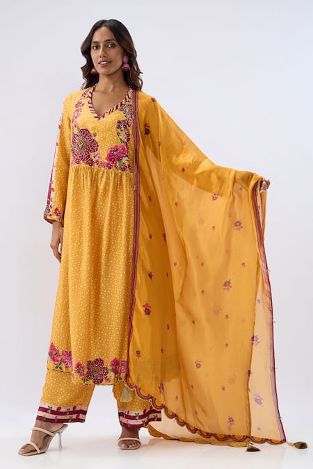 Shop_Label Niti Bothra_Yellow Tencel, Silk Beads, Sequins, Embroidery Floral Pattern Kurta And Pant Set _Online_at_Aza_Fashions