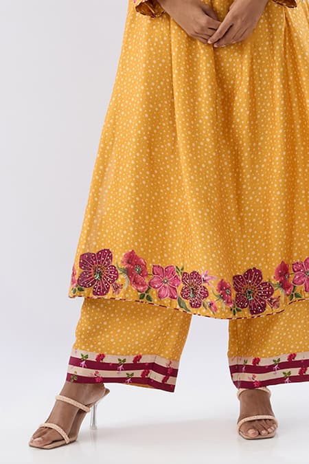 Label Niti Bothra_Yellow Tencel, Silk Beads, Sequins, Embroidery Floral Pattern Kurta And Pant Set _at_Aza_Fashions