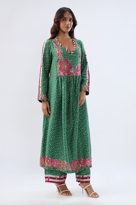 Label Niti Bothra_Green Tencel, Silk Beads, Sequins, Blossom Dark Gathered Yoke Kurta Set _Online_at_Aza_Fashions
