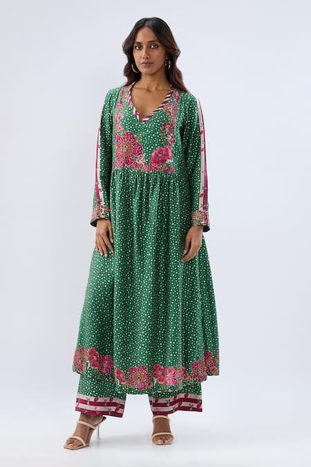 Label Niti Bothra Green Tencel, Silk Beads, Sequins, Blossom Dark Gathered Yoke Kurta Set 