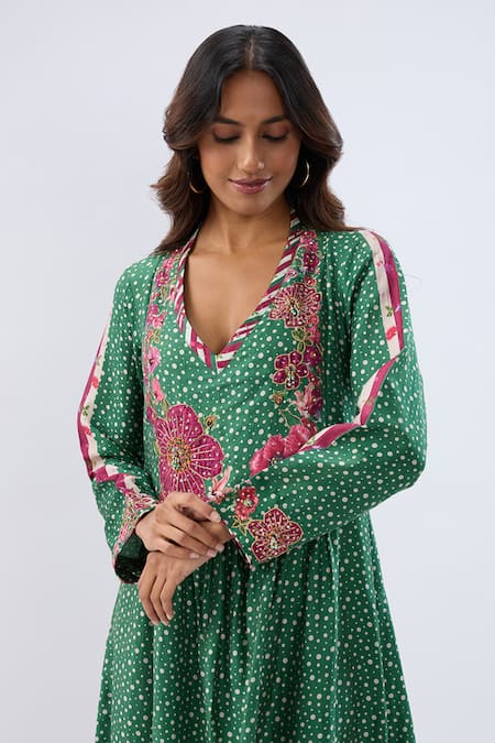 Buy_Label Niti Bothra_Green Tencel, Silk Beads, Sequins, Blossom Dark Gathered Yoke Kurta Set _Online_at_Aza_Fashions