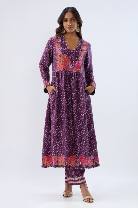 Label Niti Bothra_Purple Silk, Tencel Beads, Sequins, Embroidery Floral Print Kurta And Pant Set _Online_at_Aza_Fashions