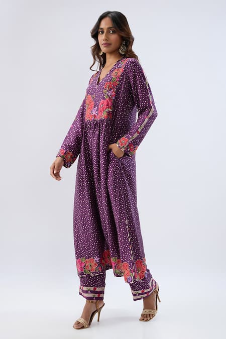 Buy_Label Niti Bothra_Purple Silk, Tencel Beads, Sequins, Embroidery Floral Print Kurta And Pant Set _Online_at_Aza_Fashions