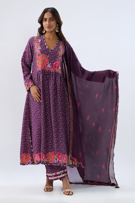 Label Niti Bothra_Purple Silk, Tencel Beads, Sequins, Embroidery Floral Print Kurta And Pant Set _at_Aza_Fashions