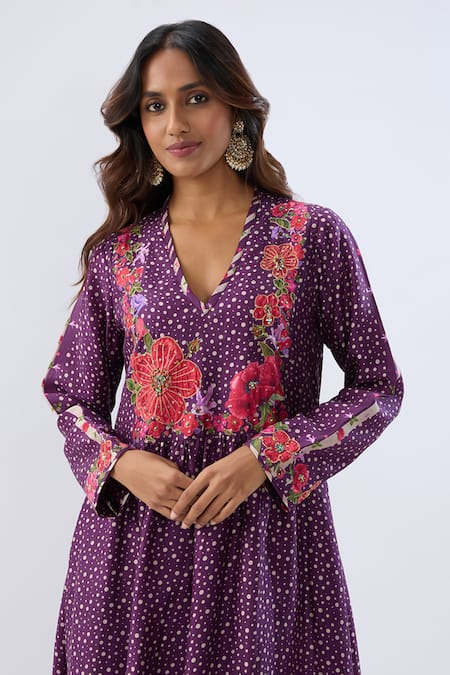 Buy_Label Niti Bothra_Purple Silk, Tencel Beads, Sequins, Embroidery Floral Print Kurta And Pant Set 