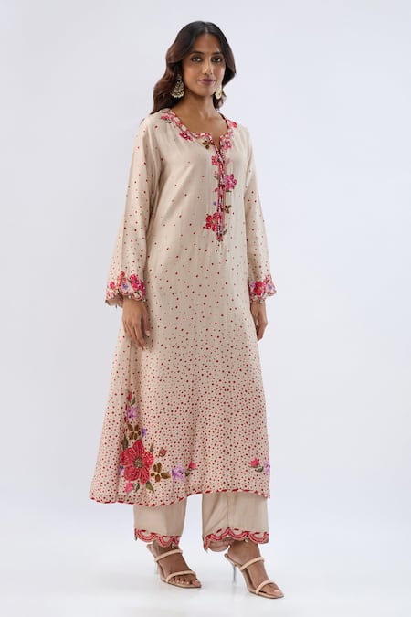 Label Niti Bothra_Ivory Tencel, Silk Beads, Sequins, Embroidery, Floral Pattern Kurta And Pant Set _Online_at_Aza_Fashions