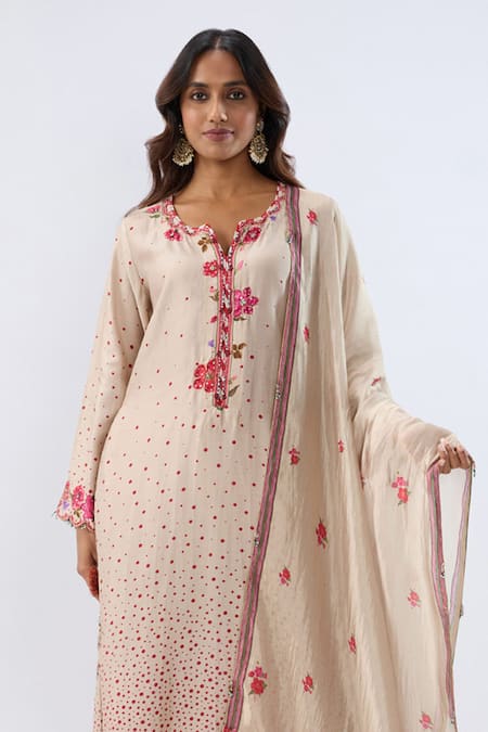Buy_Label Niti Bothra_Ivory Tencel, Silk Beads, Sequins, Embroidery, Floral Pattern Kurta And Pant Set _Online_at_Aza_Fashions