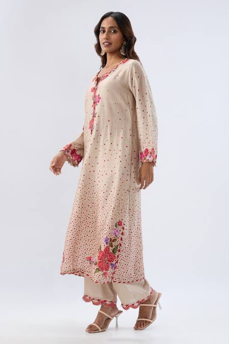 Shop_Label Niti Bothra_Ivory Tencel, Silk Beads, Sequins, Embroidery, Floral Pattern Kurta And Pant Set _Online_at_Aza_Fashions