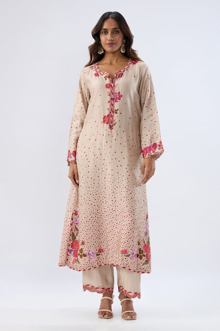 Label Niti Bothra_Ivory Tencel, Silk Beads, Sequins, Embroidery, Floral Pattern Kurta And Pant Set _at_Aza_Fashions