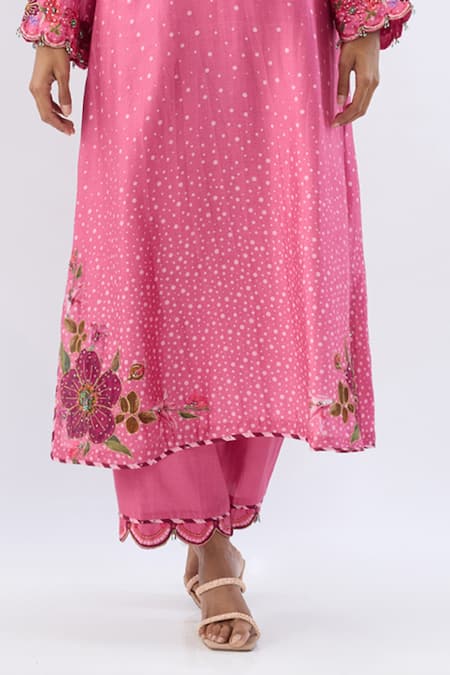 Label Niti Bothra_Pink Tencel, Silk Beads, Sequins, Embroidery Polka Dot Print Kurta And Pant Set _Online_at_Aza_Fashions
