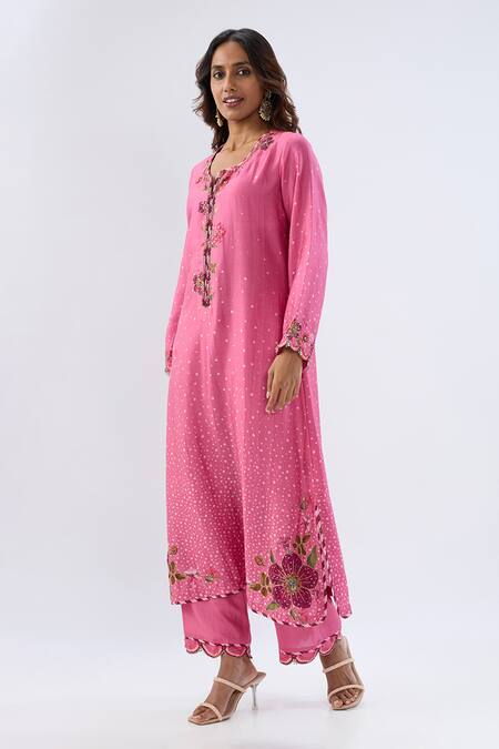 Buy_Label Niti Bothra_Pink Tencel, Silk Beads, Sequins, Embroidery Polka Dot Print Kurta And Pant Set _Online_at_Aza_Fashions