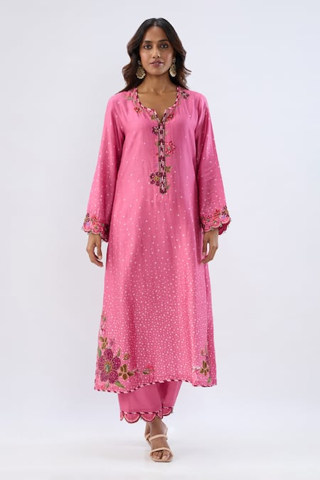 Shop_Label Niti Bothra_Pink Tencel, Silk Beads, Sequins, Embroidery Polka Dot Print Kurta And Pant Set _Online_at_Aza_Fashions