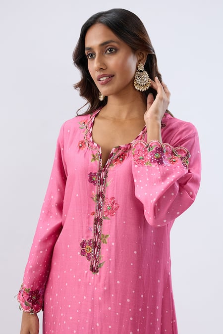 Label Niti Bothra_Pink Tencel, Silk Beads, Sequins, Embroidery Polka Dot Print Kurta And Pant Set _at_Aza_Fashions