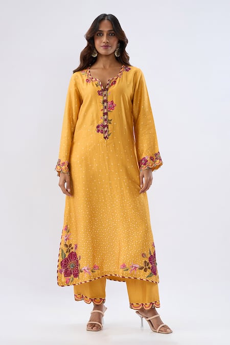 Label Niti Bothra_Yellow Tencel, Silk Beads, Sequins, Embroidery Blossom Pattern Kurta And Pant Set _Online_at_Aza_Fashions