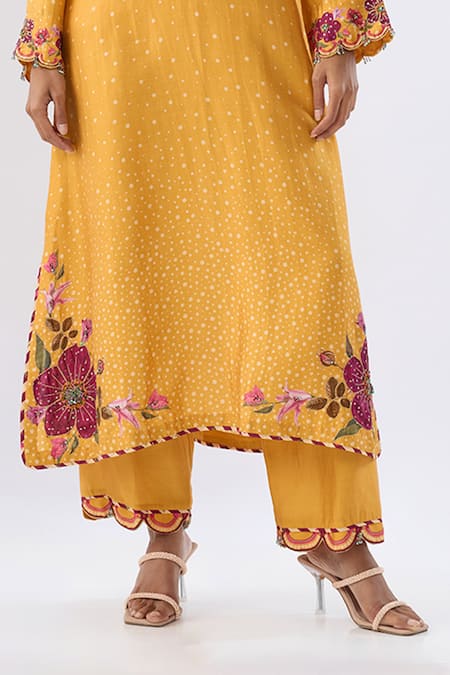 Buy_Label Niti Bothra_Yellow Tencel, Silk Beads, Sequins, Embroidery Blossom Pattern Kurta And Pant Set _Online_at_Aza_Fashions