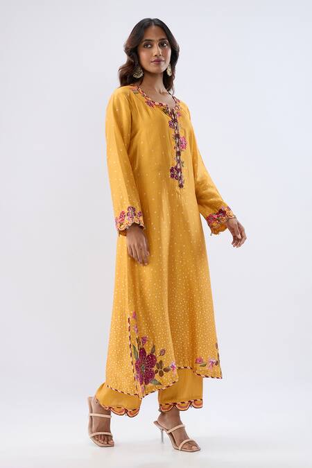 Shop_Label Niti Bothra_Yellow Tencel, Silk Beads, Sequins, Embroidery Blossom Pattern Kurta And Pant Set _Online_at_Aza_Fashions