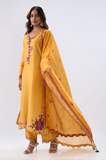 Label Niti Bothra Yellow Tencel, Silk Organza Embroidery, Beads, Sequins Blossom Pattern Kurta Set 