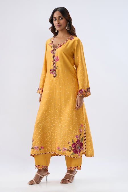 Label Niti Bothra_Yellow Tencel, Silk Beads, Sequins, Embroidery Blossom Pattern Kurta And Pant Set _at_Aza_Fashions