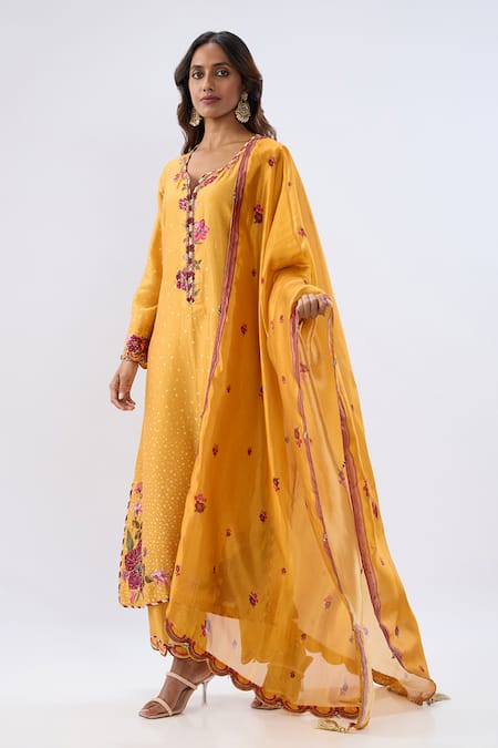 Shop_Label Niti Bothra_Yellow Tencel, Silk Beads, Sequins, Embroidery Blossom Pattern Kurta And Pant Set 