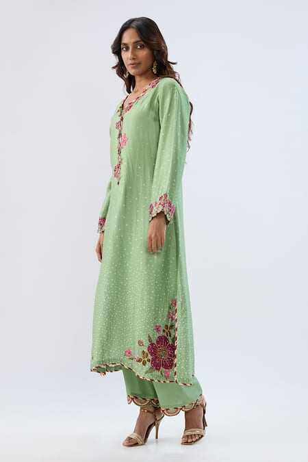 Label Niti Bothra_Green Tencel, Silk Beads, Sequins, Embroidery Floral Pattern Kurta And Pant Set _Online_at_Aza_Fashions