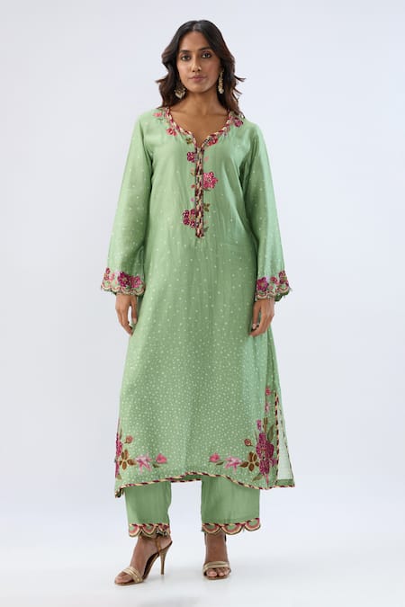 Buy_Label Niti Bothra_Green Tencel, Silk Beads, Sequins, Embroidery Floral Pattern Kurta And Pant Set _Online_at_Aza_Fashions