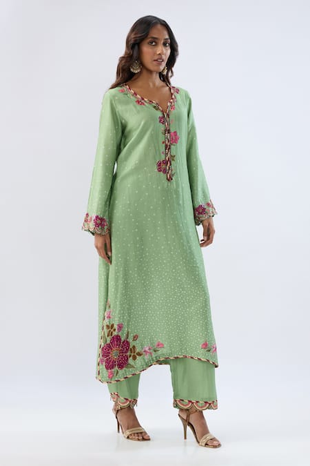 Shop_Label Niti Bothra_Green Tencel, Silk Beads, Sequins, Embroidery Floral Pattern Kurta And Pant Set _Online_at_Aza_Fashions