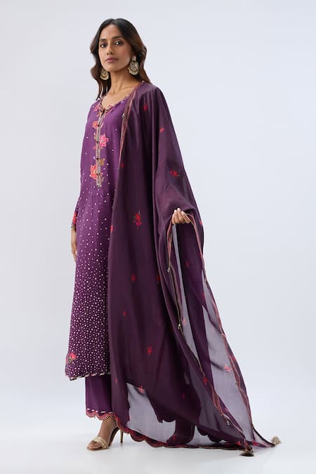 Label Niti Bothra_Purple Tencel, Silk Beads, Sequins, Embroidery Blossom Pattern Kurta And Pant Set _Online_at_Aza_Fashions