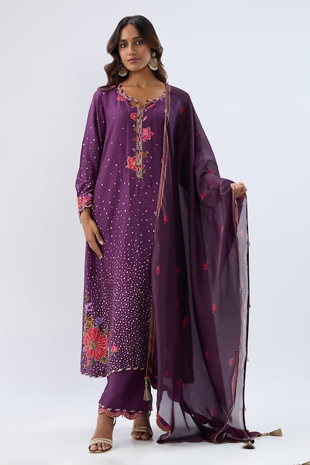 Label Niti Bothra Purple Tencel, Silk Organza Embroidery, Beads, Sequins Blossom Pattern Kurta Set 