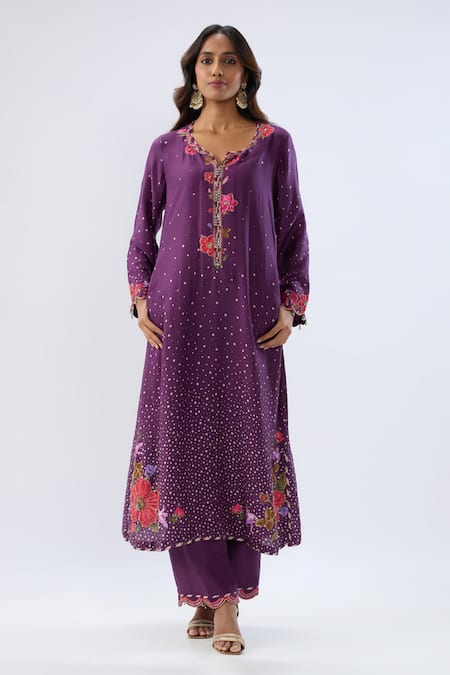 Shop_Label Niti Bothra_Purple Tencel, Silk Beads, Sequins, Embroidery Blossom Pattern Kurta And Pant Set _Online_at_Aza_Fashions