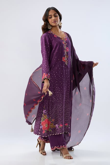 Label Niti Bothra_Purple Tencel, Silk Beads, Sequins, Embroidery Blossom Pattern Kurta And Pant Set _at_Aza_Fashions