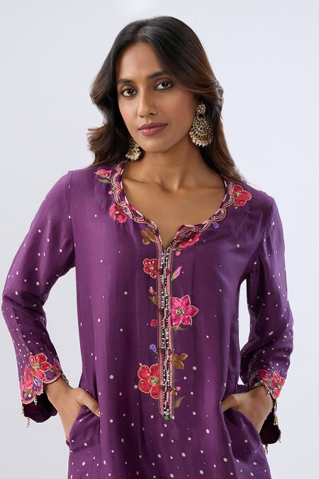Shop_Label Niti Bothra_Purple Tencel, Silk Beads, Sequins, Embroidery Blossom Pattern Kurta And Pant Set 
