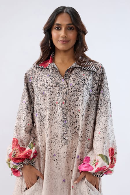 Label Niti Bothra_Black Tencel Beads, Sequins, Embroidery Collared Floral Pattern Dress _Online_at_Aza_Fashions